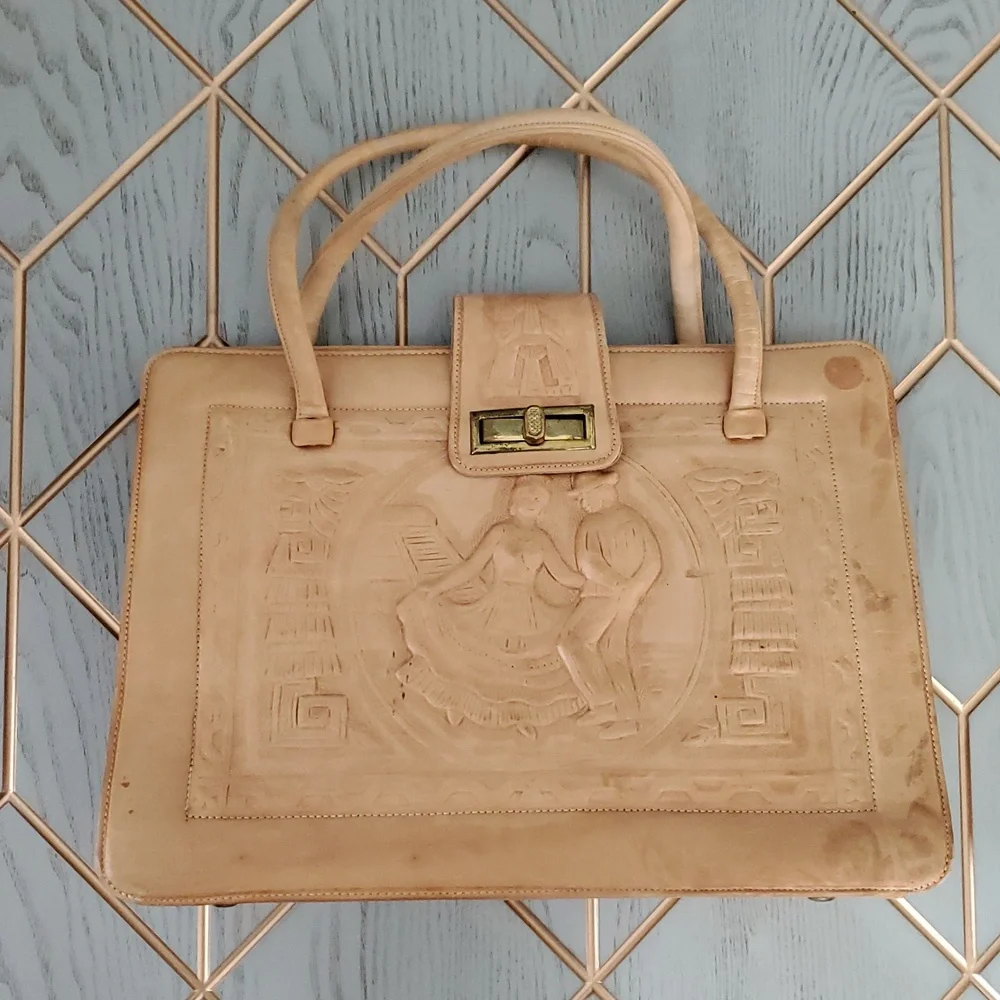 Vintage Beige Leather Mexican Satchel Bag